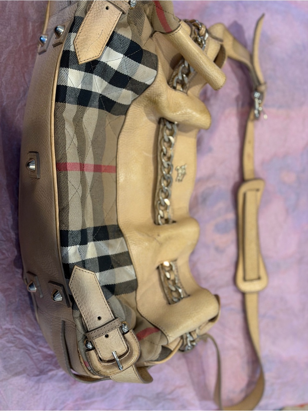Burberry Tan & Beige Check Chain-Accent Shoulder Bag